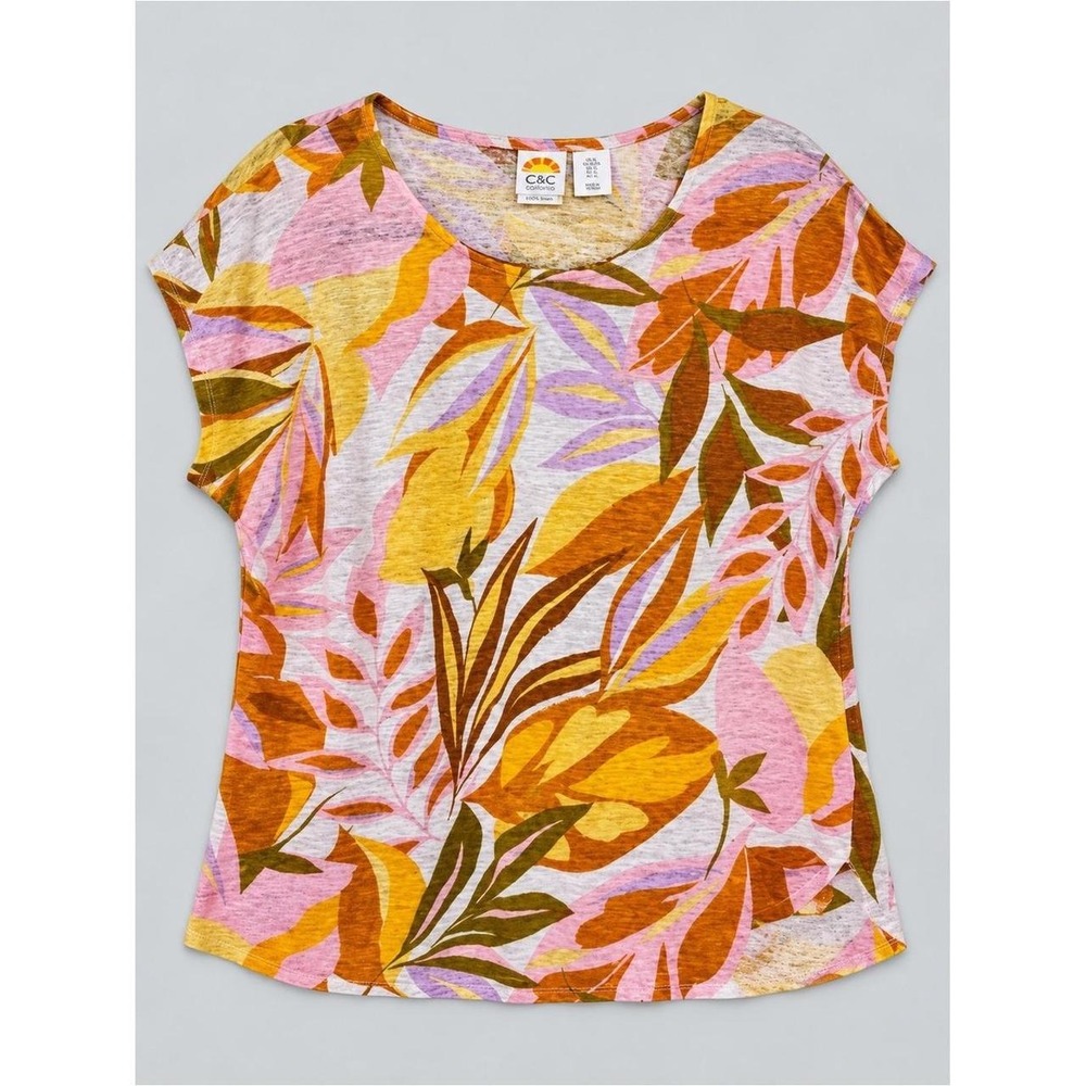C&C California 100% Linen Botanical Print Scoop Neck Top XL